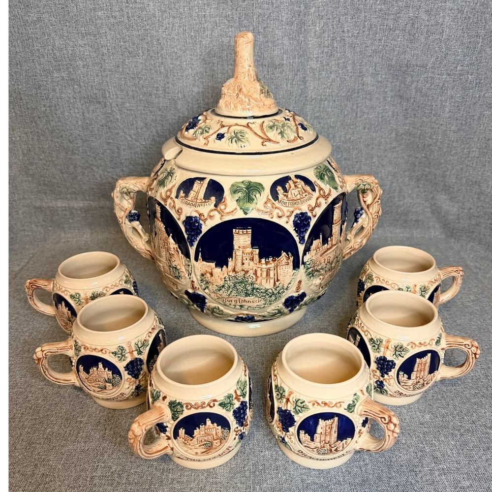 Vintage GERZ German Castle Tureen Punch Soup Bowl w/6 Individual mugs cups stein